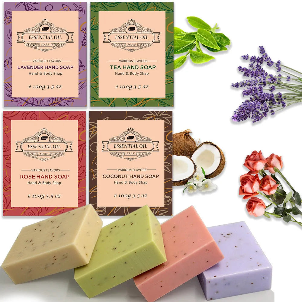 Handmade frosted essential oil soap bar in botanical scents like lavender and green tea, 100g.