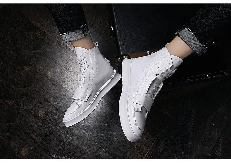 Men's black and white high-top style winter ankle boots made from PU leather and microfiber.