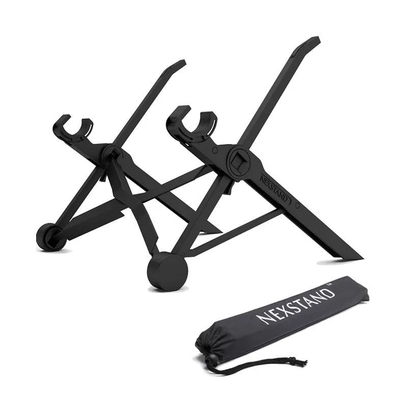 Sagacious black portable folding laptop bracket with carrying case shown at 40cm folded size