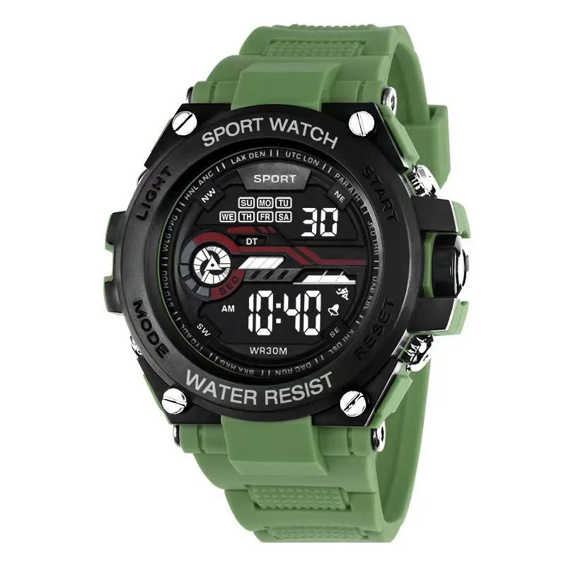 Fashion electronic watch with LED digital display showing ten different colour variations on wrist