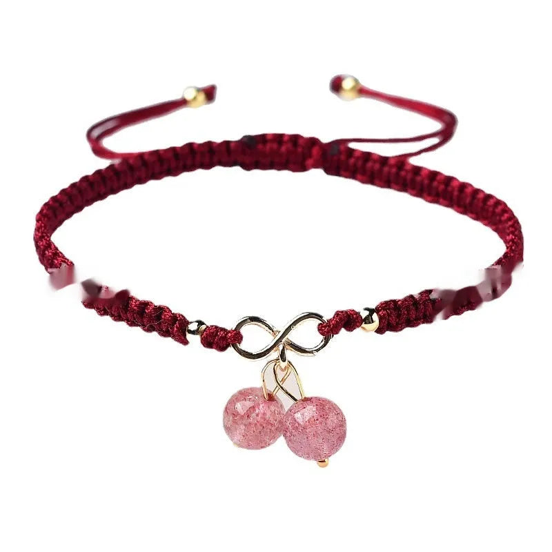 Natural Strawberry Quartz cherry bracelet for women with fruit-shaped beads on a stretch elastic band.