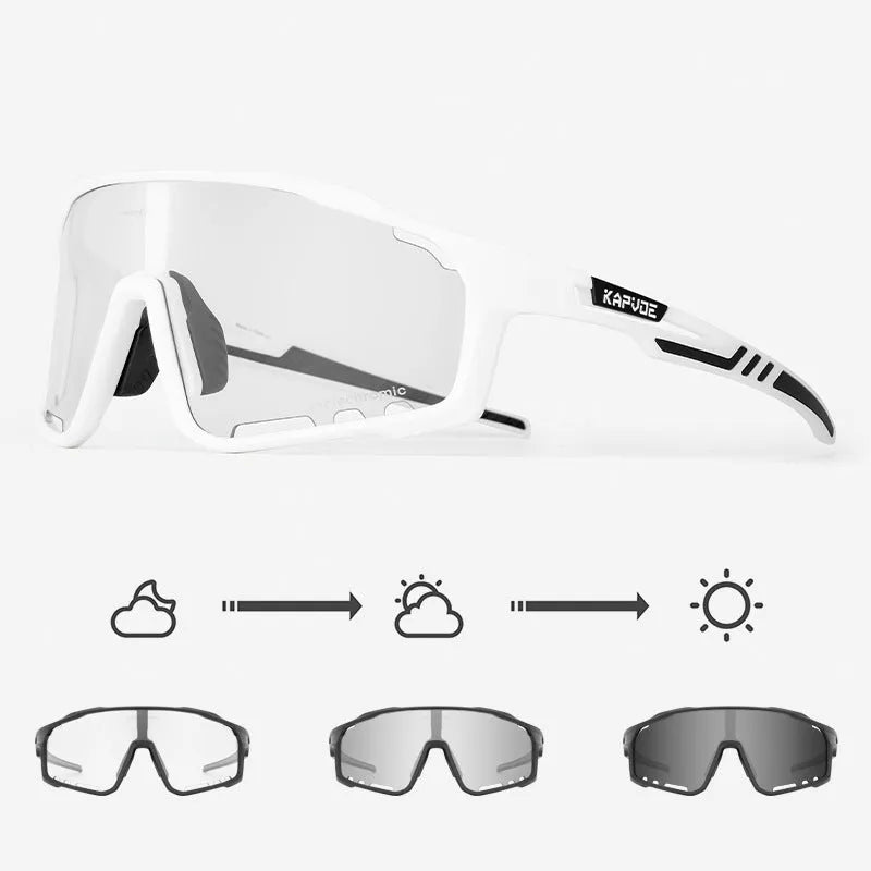 TR90 semi-rimless cycling sunglasses with photochromic lenses, shown in multiple colour options.