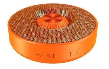 Mini circular Bluetooth speaker in black, orange and silvery white colours showing compact design