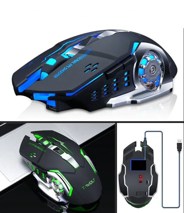 Black and white wireless computer mouse with USB charging cable showing six-button layout