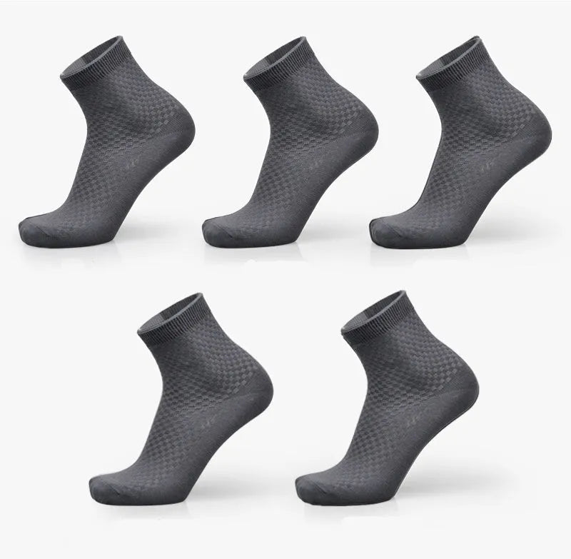 Men's bamboo fibre business socks with small square pattern in black, grey blue, iron grey, navy blue, and silver grey colours