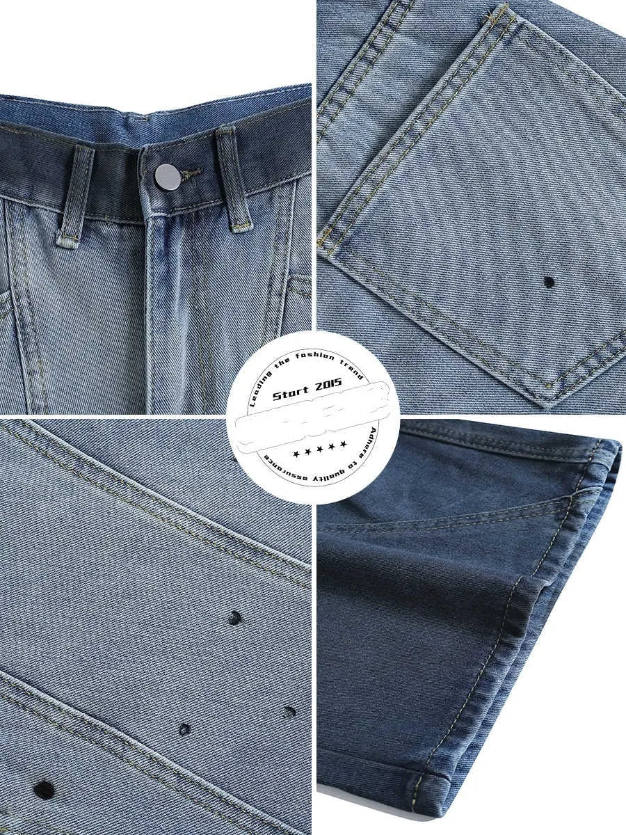 Blue tie-dye gradient cropped jeans with a worn-looking finish and loose, relaxed fit.