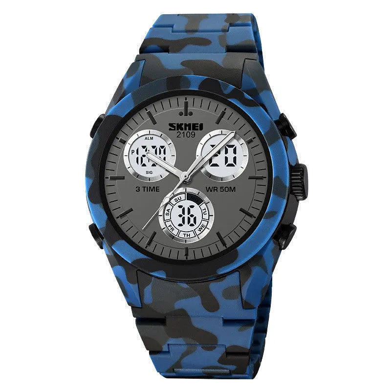 Electronic casual watch with camouflage pattern, resin mirror, and TPU strap showing 50m waterproof rating
