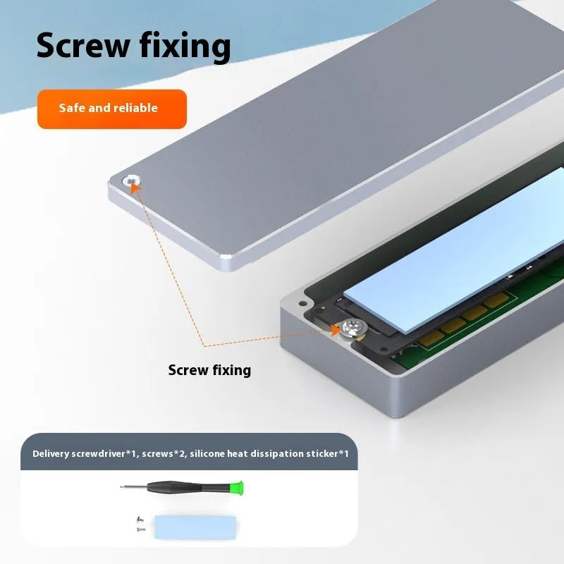 Silver M.2 SATA SSD external hard drive enclosure with Type-C port, screwdriver, screws, heat pad, and cable.
