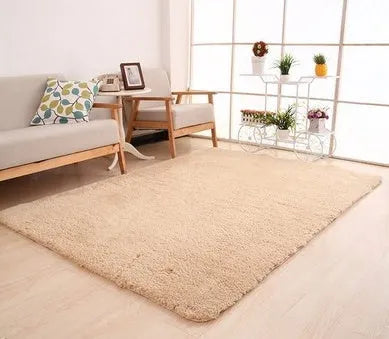 Rectangular solid colour carpet with velvet surface showing non-slip dot patterned bottom layer