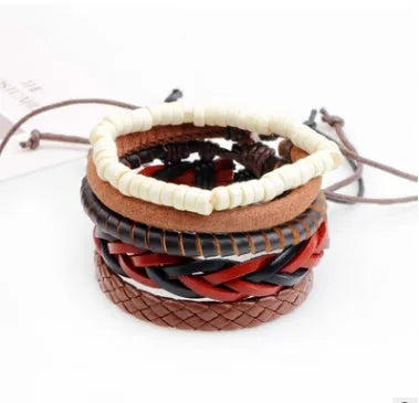 Hand-woven brown leather wrap bracelet with wooden beads on a 6cm adjustable band.