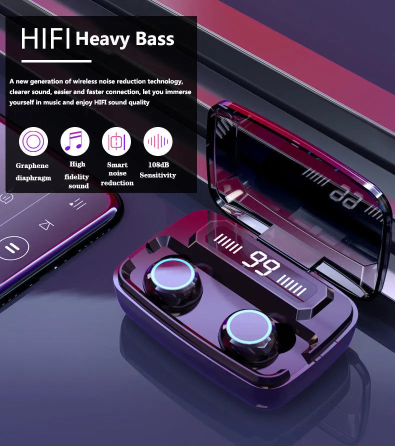 Black M11 style wireless Bluetooth headset with digital display, shown with its mobile phone holder and charging case.