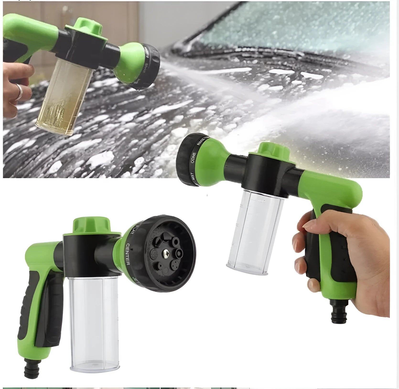 Green high pressure foam spray gun with adjustable nozzle for car washing and household cleaning.