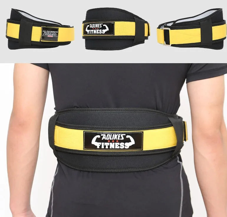 Nylon fitness weightlifting waistband belt in black, red, or yellow, shown in sizes L, M, and XL.