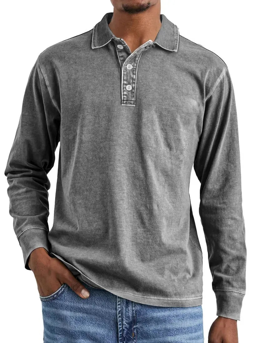 Retro washed distressed cotton lapel long sleeve polo shirt in pure cotton fabric