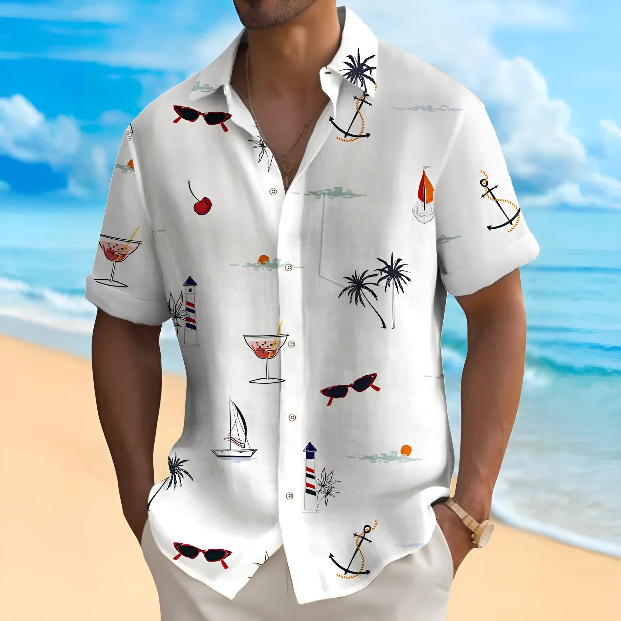 Man wearing a loose fit short sleeve shirt with a colourful digital Hawaiian print pattern.