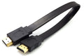 Flat black HDMI cable with male connectors shown alongside length options from 0.3m to 10m