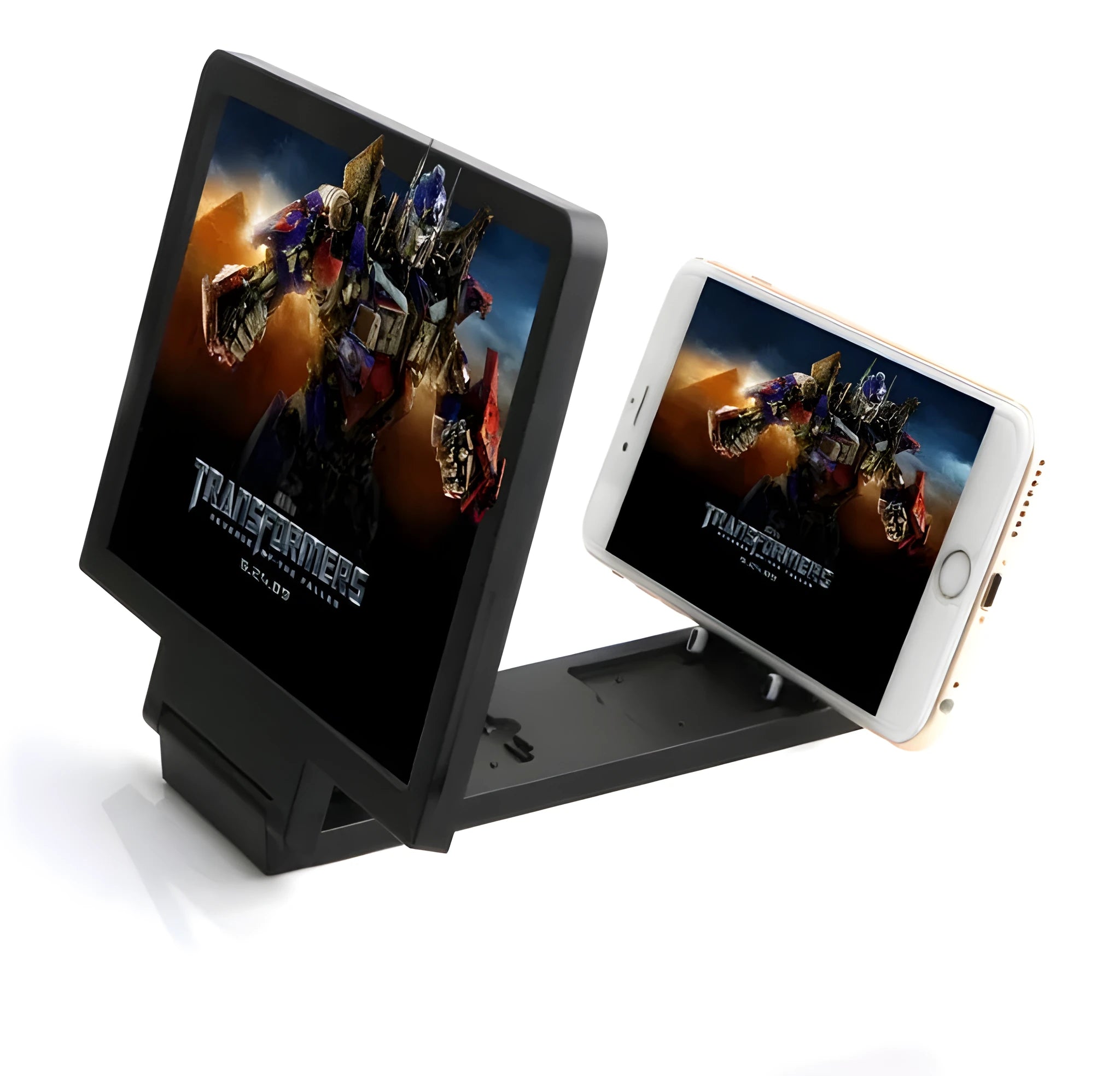 Black and white mobile phone stand with 3D screen amplifier and radiation-protection design.
