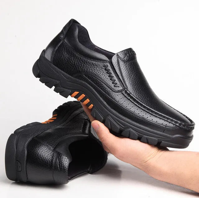 Black and brown cowhide leather business casual slip-on shoes with rubber soles