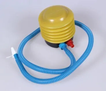Blue and red portable manual pedal pump for inflating swim rings, showing 4-inch diameter.