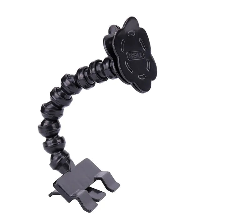 Black retractable pet selfie stick with square photo clip and flower-shaped pet accessory clip on a blister card.