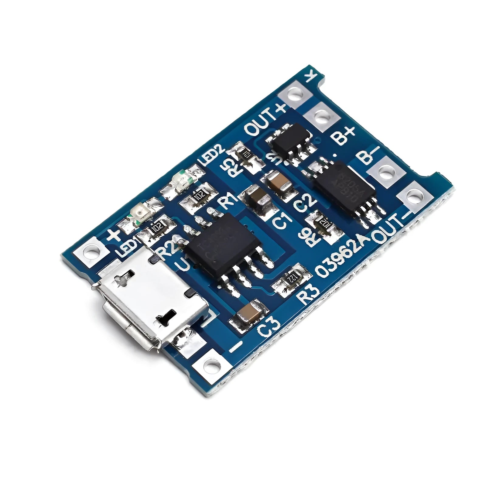 Blue lithium battery charging and protection integrated circuit board measuring 2.6 by 1.7 centimetres
