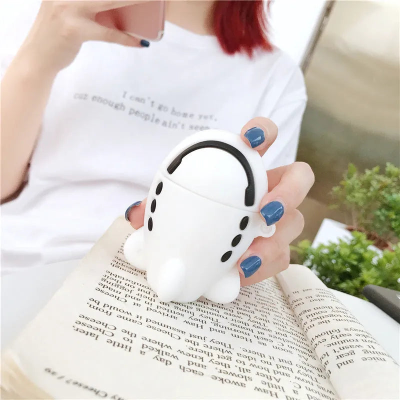 Cartoon airplane headset themed silicone flip case for Apple AirPods with hook attachment