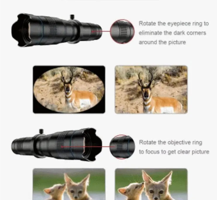 Black 36x optical zoom monocular lens attached to smartphone on adjustable tripod for outdoor photography