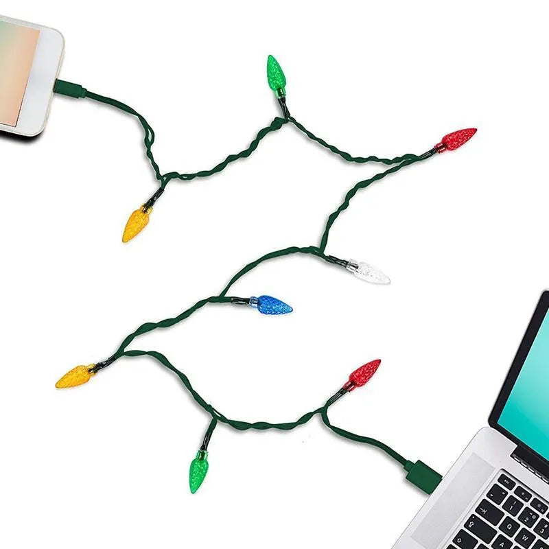 Green USB charging cable with 10 small LED lights illuminated along its length for festive decoration.