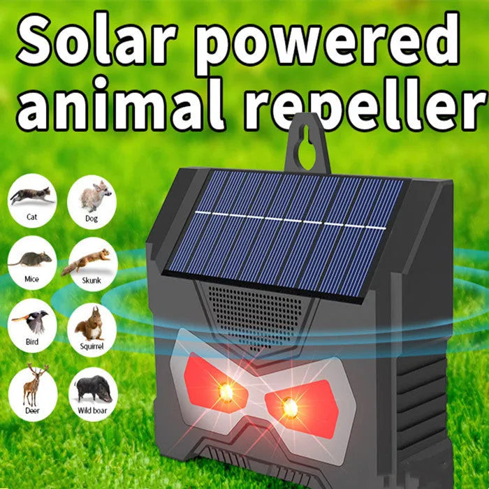 Black solar-powered outdoor ultrasonic animal repeller device for garden pest control