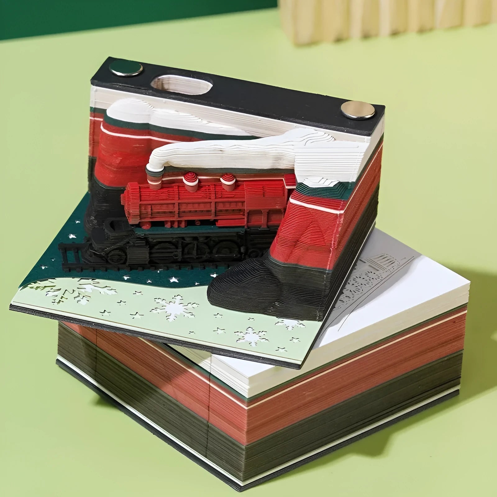 3D creative sticky notes with paper carving Qingshui Temple design and Christmas Train cover
