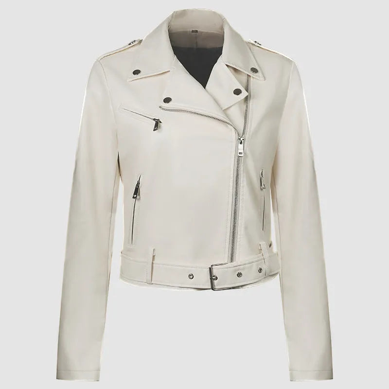 Women's black PU leather motorcycle jacket with lapel collar and a short waist belt.