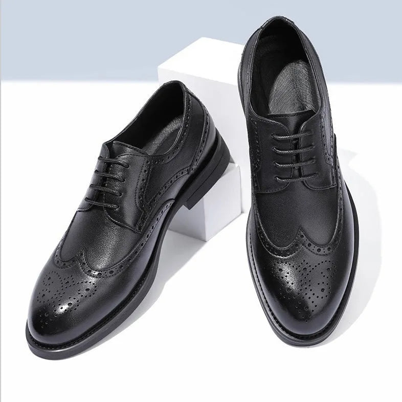 Men's black and brown brogue business shoes with classic perforated toe cap detailing