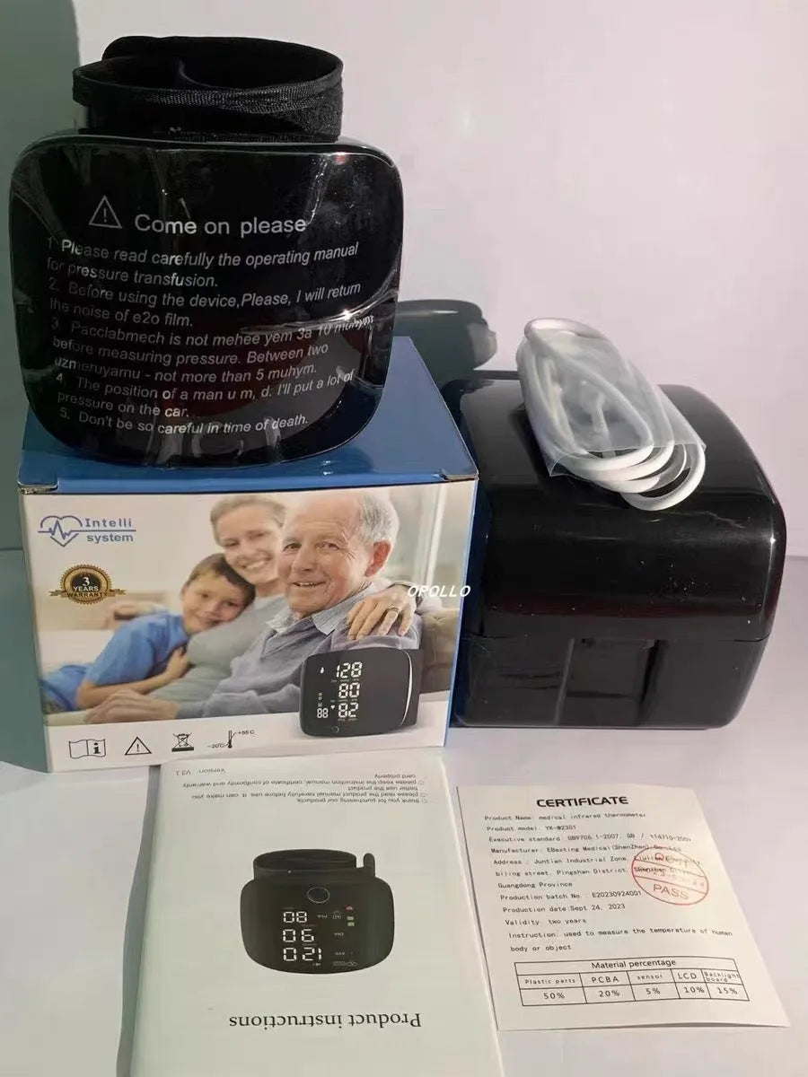 Black digital wrist blood pressure monitor with USB recharge port and display