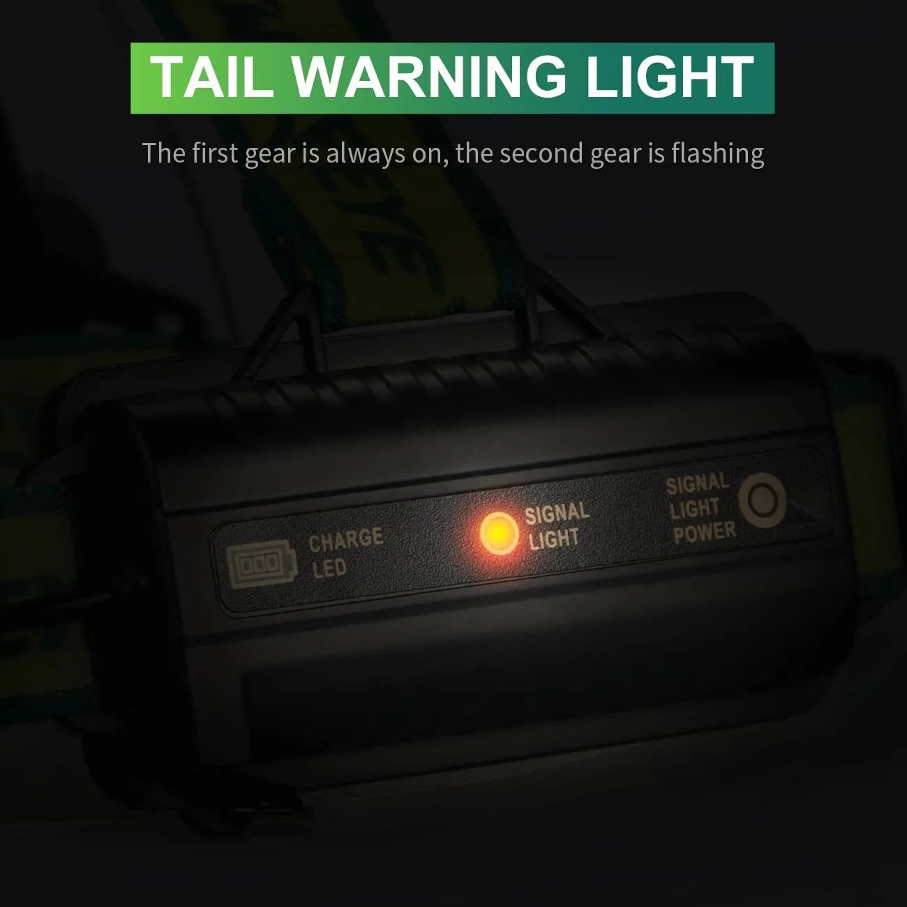 Yellow and black USB rechargeable head torch with 5 LED array and adjustable head strap.