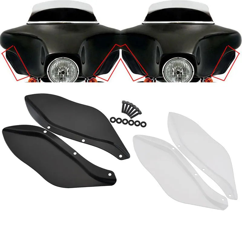 Pair of black and transparent ABS plastic side wing windshield covers for Harley-Davidson Touring motorcycle.