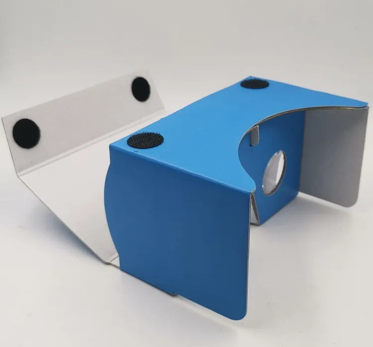 Pink and white flat-pack VR cardboard glasses viewer for 6-inch mobile phones.