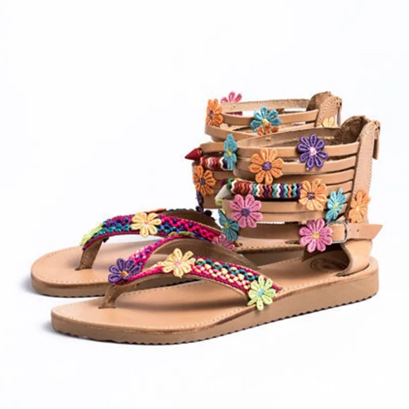 Ethnic style beaded petal Roman sandals with round toe open-toe design in artificial PU material