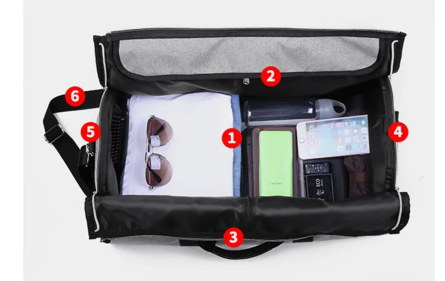 Cylinder-shaped travel bag in red, light grey, blue, or black colour with a zipper opening.