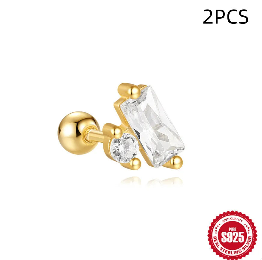 S925 sterling silver square gravel stud earrings with red flower design in golden electroplated finish