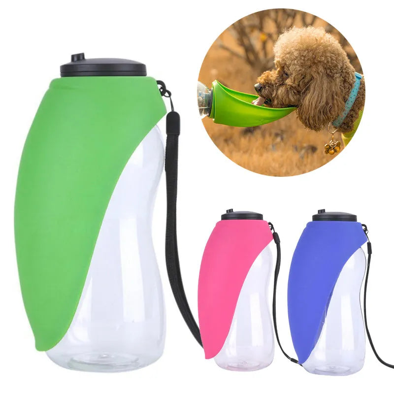 Blue portable pet water bottle with fold-out drinking bowl and carabiner clip for outdoor use