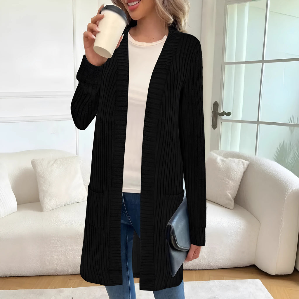 Long sleeve loose fit cardigan jacket with front pockets in polyester fabric
