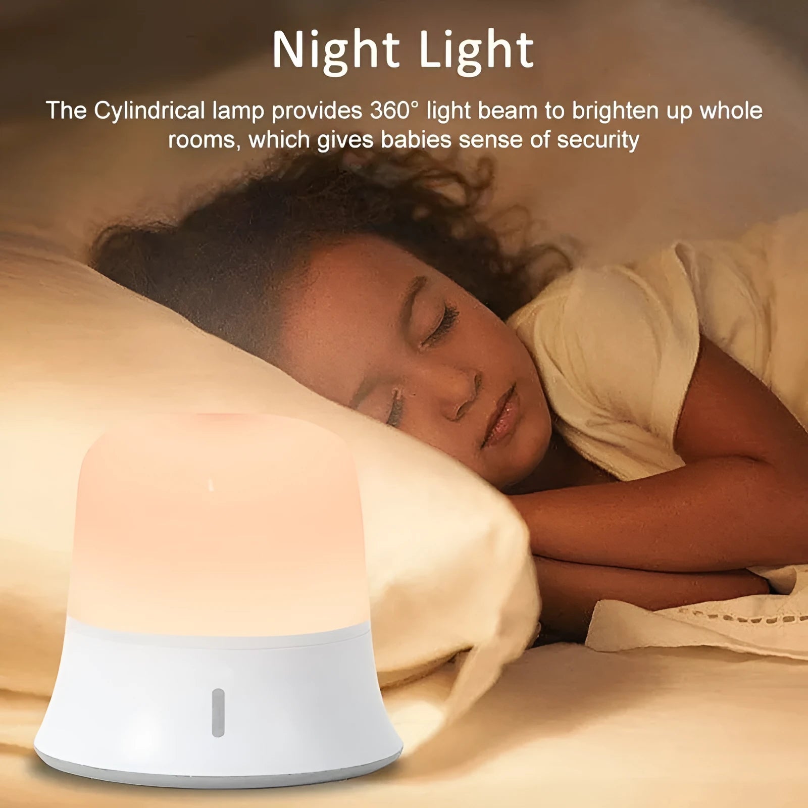 White bedside night light with touch controls, motion sensor, and rechargeable battery for nursery use.