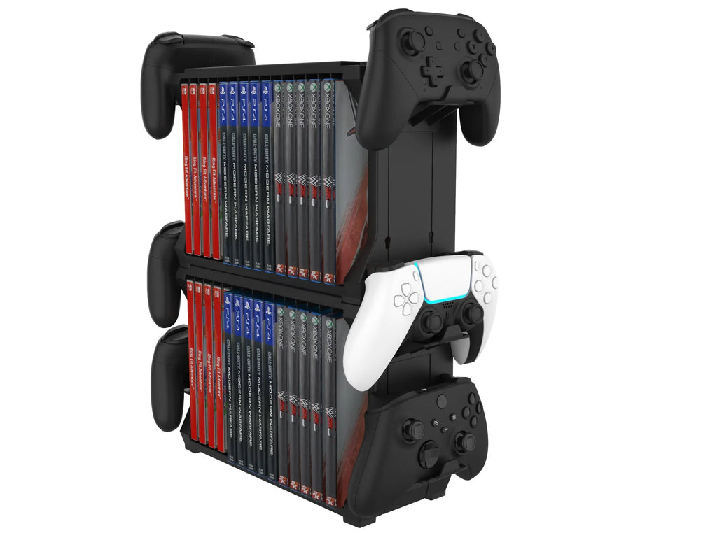 Black PS5 disc holder stand storing game discs and four controllers