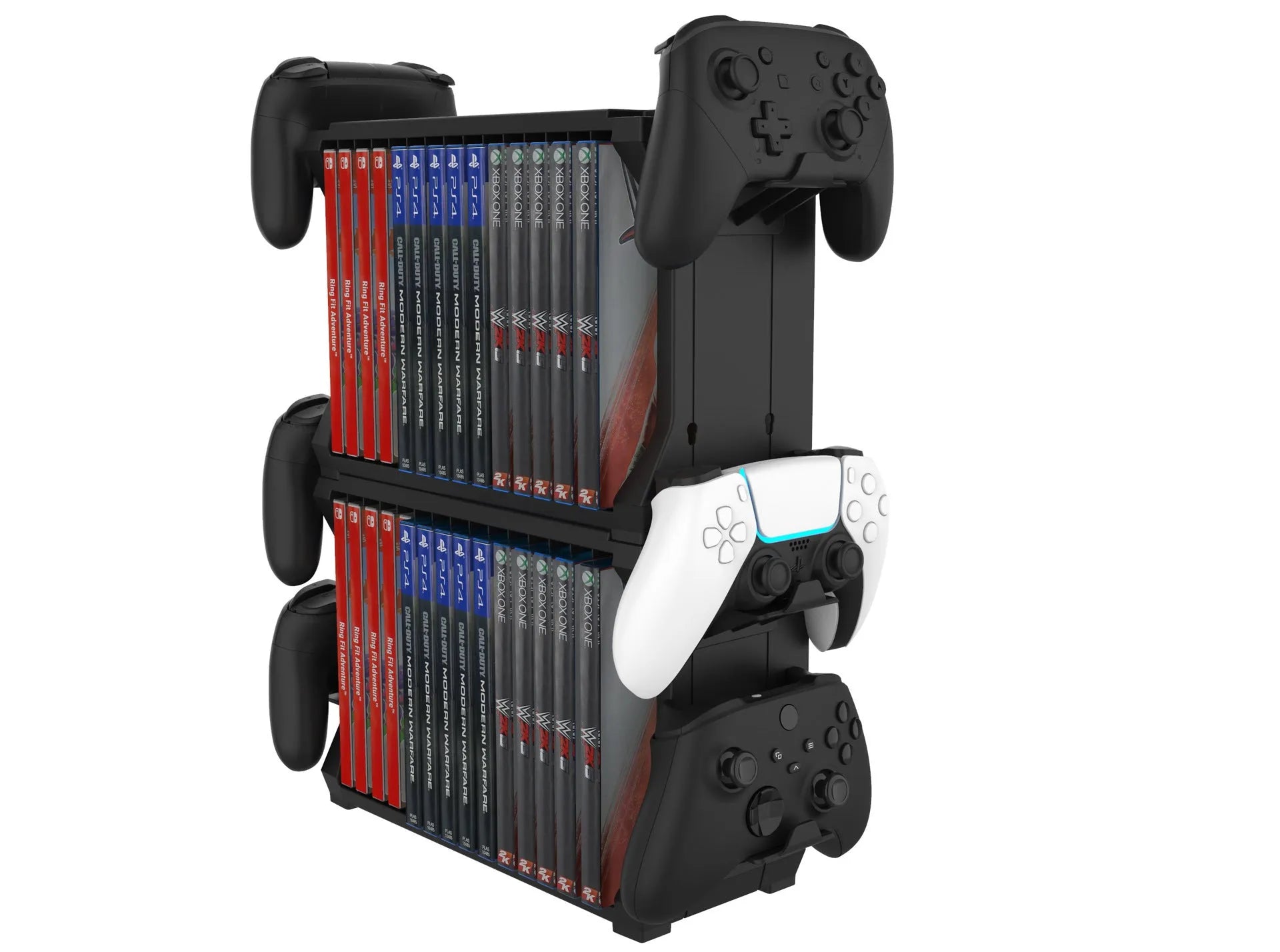 Black PS5 disc holder stand storing game discs and four controllers