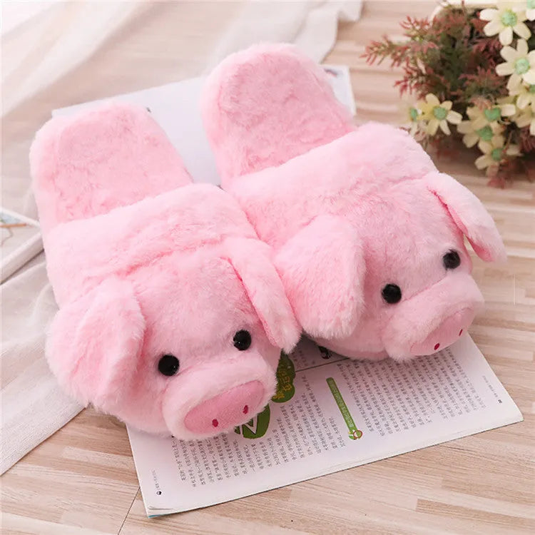 Pink pig floor slippers with short plush material and non-slip sole in women's sizes 36-39