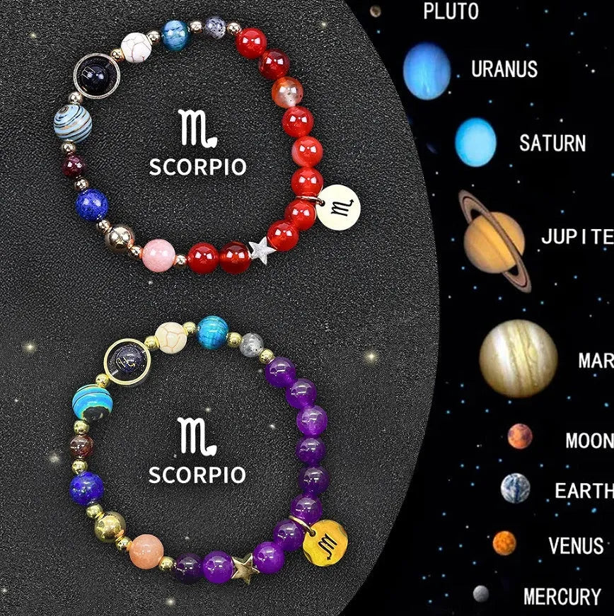 Two natural stone beaded bracelets for zodiac signs on a neutral background.