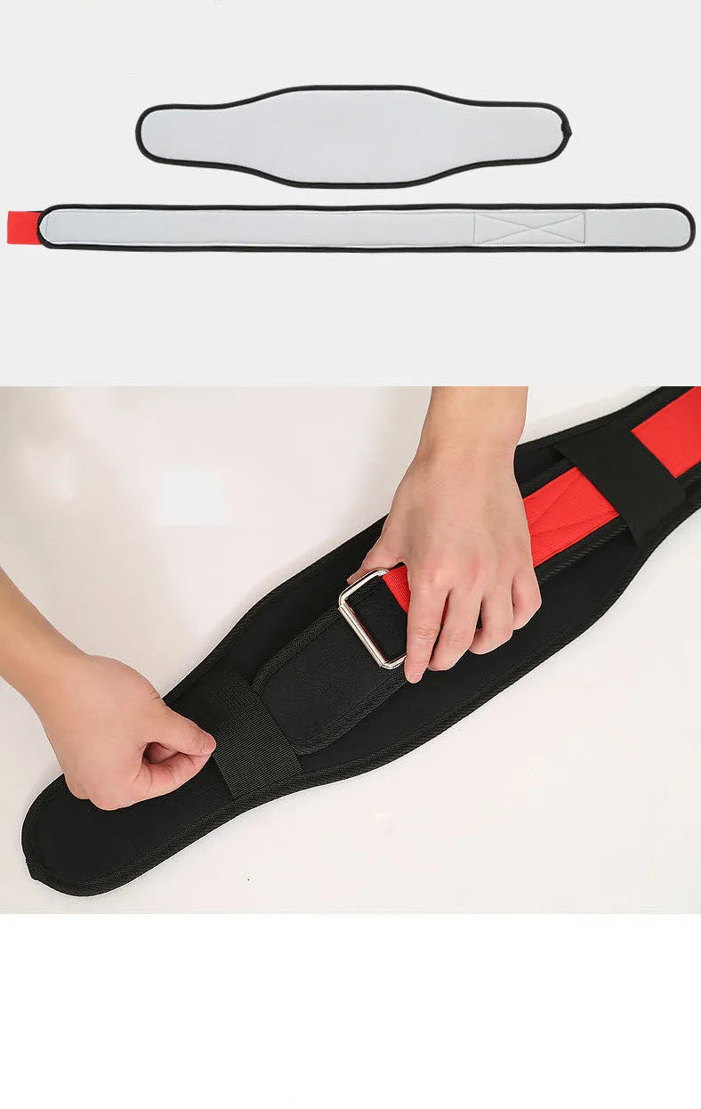 Nylon fitness weightlifting waistband belt in black, red, or yellow, shown in sizes L, M, and XL.