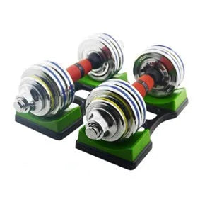 Grey ABS dumbbell rack on floor with two dumbbells