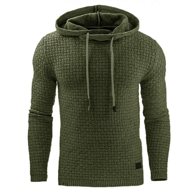 A man's plain hooded sweatshirt in a cotton-polyester blend, shown in multiple colour options.