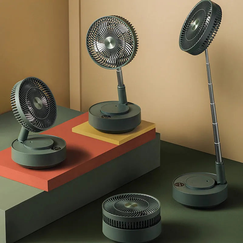 Green telescopic storage floor electric fan showing desktop and extended floor-standing configurations with remote control